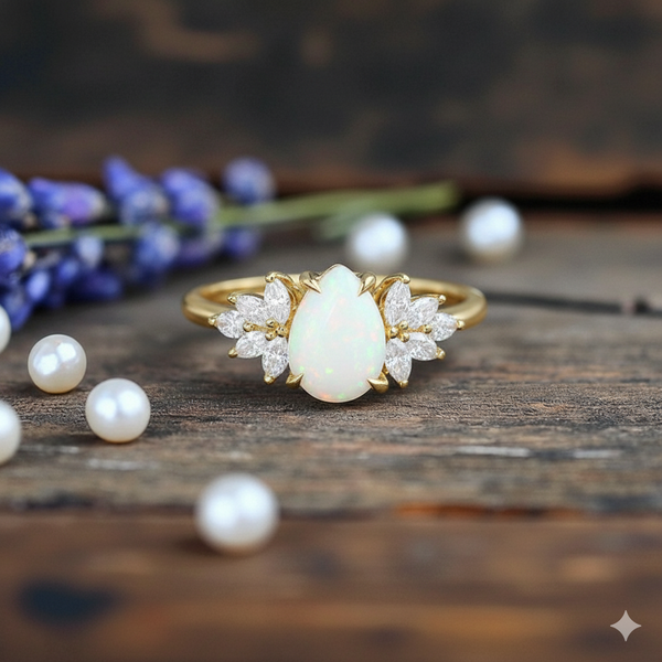 1.250ct Pear Opal Engagement Ring • Marquise Diamond Cluster Ring