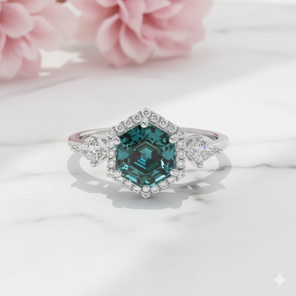 1.320ct Teal Sapphire Hexagon Engagement Ring • Blue Green Hexagon Cut Ring