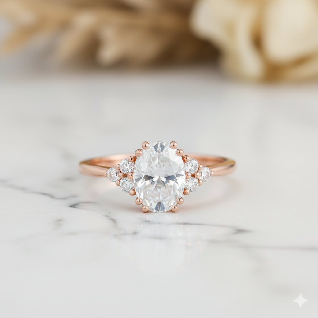 1.400ct Oval Moissanite Engagement Ring • Vintage Cluster Diamond Ring