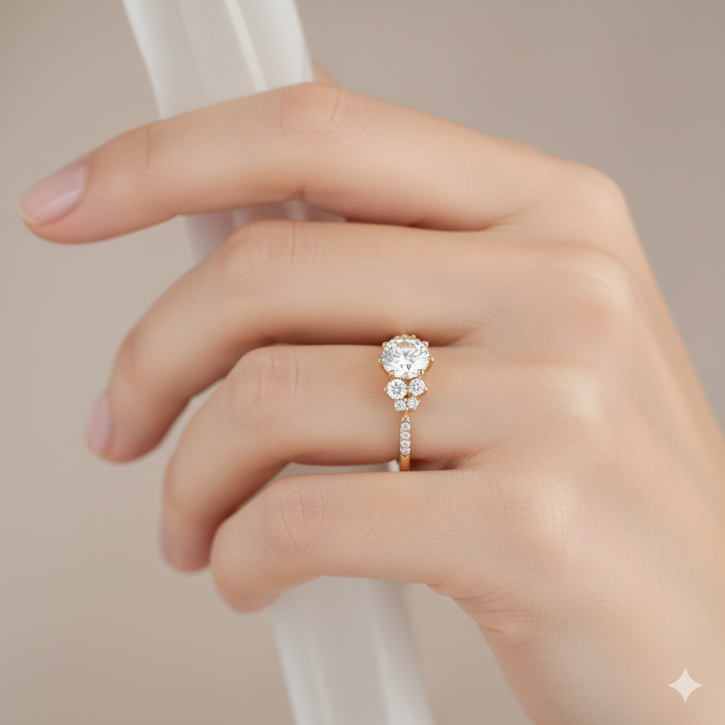 1.300CT Unique Round Cut Moissanite Engagement Ring 14k Yellow Gold
