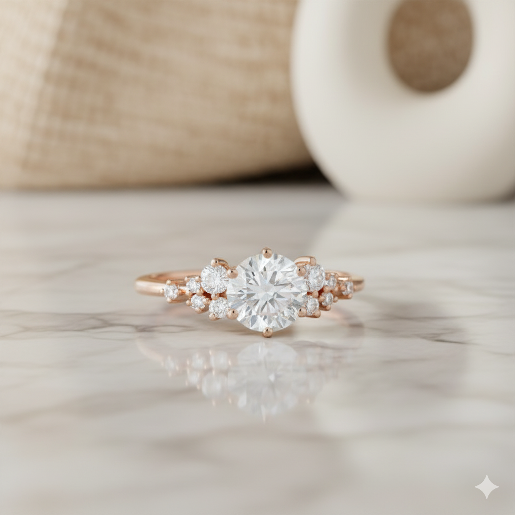 1.20 ct Round Moissanite Cluster Engagement Ring 14K Yellow Gold