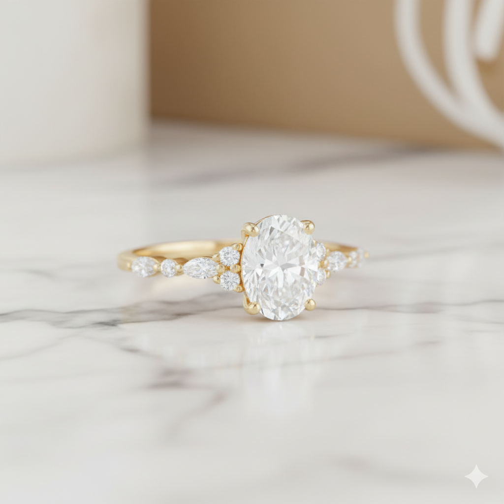 2.210CT Oval Moissanite Engagement Ring Vintage Marquise Diamond Accented Ring