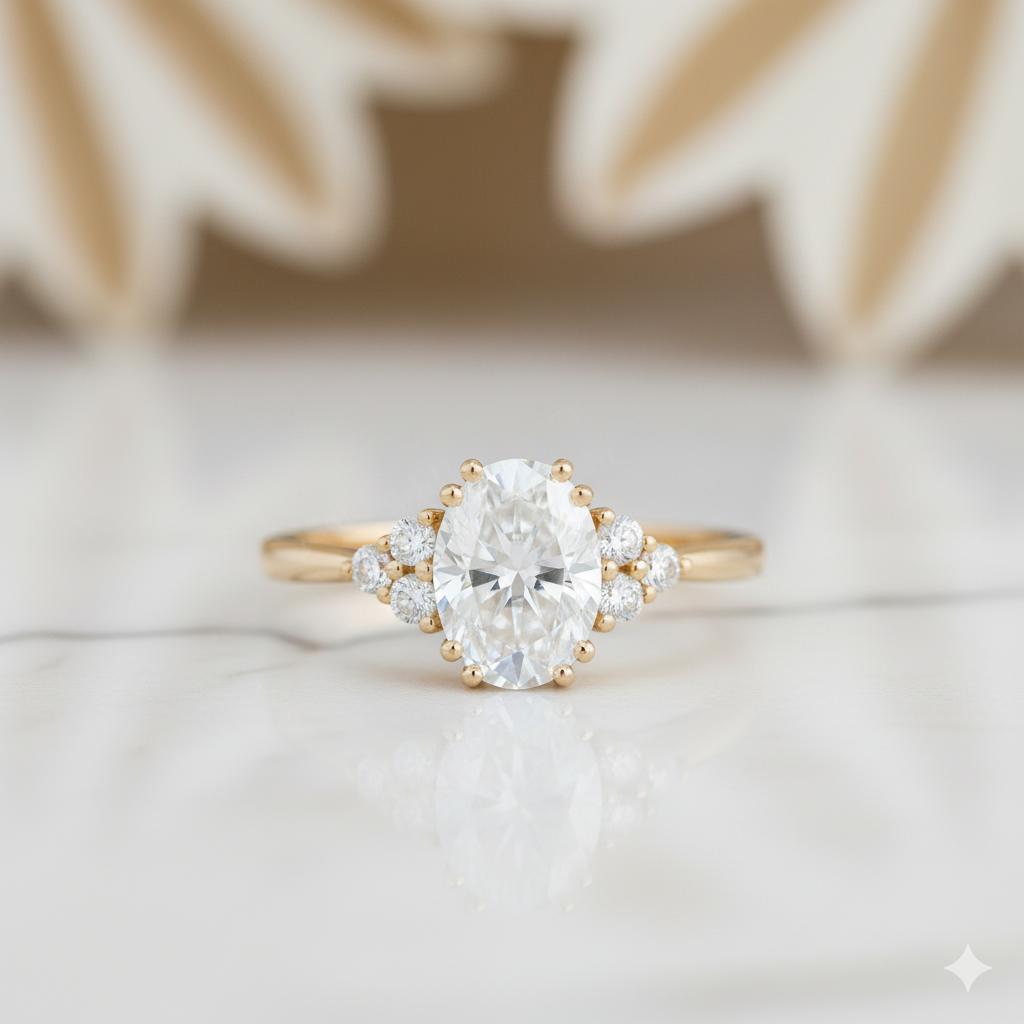 1.400ct Oval Moissanite Engagement Ring • Vintage Cluster Diamond Ring