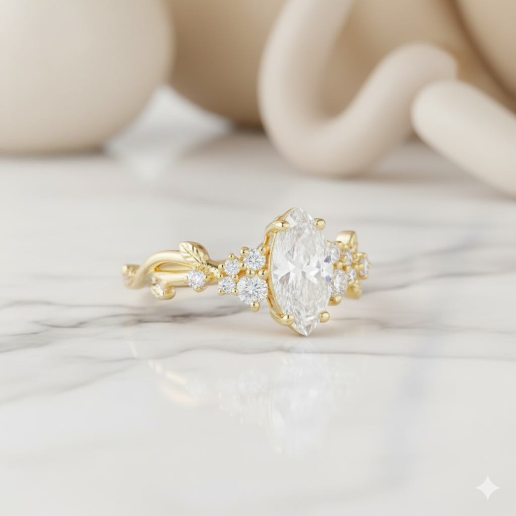 1.390ct Pear Moissanite Leaf Engagement Ring 14K Rose Gold Nature-Inspired Moissanite Ring