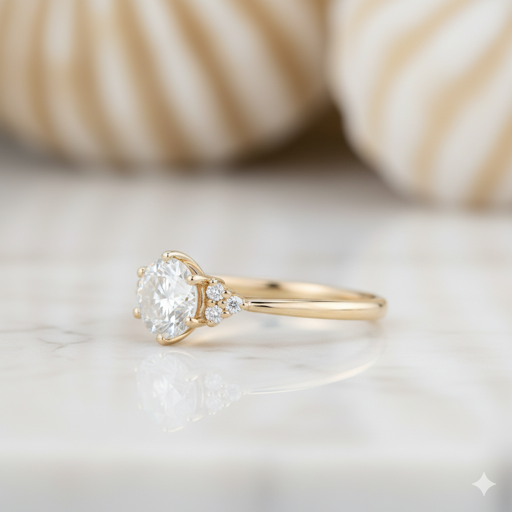 1.06ct Round Cut Moissanite  Cluster Engagement Ring 14K Solid Yellow Gold