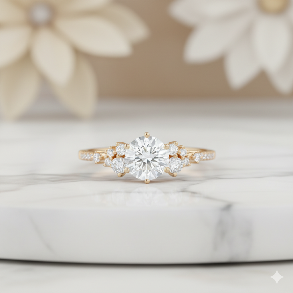 1.300CT Unique Round Cut Moissanite Engagement Ring 14k Yellow Gold