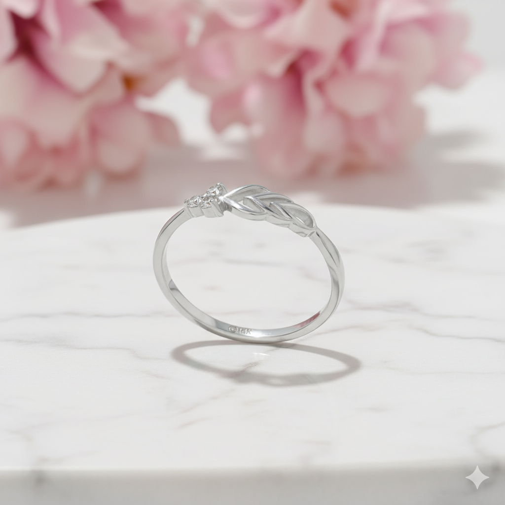 14K Solid Gold Leaf Moissanite Ring Floral-Inspired • Dainty Band