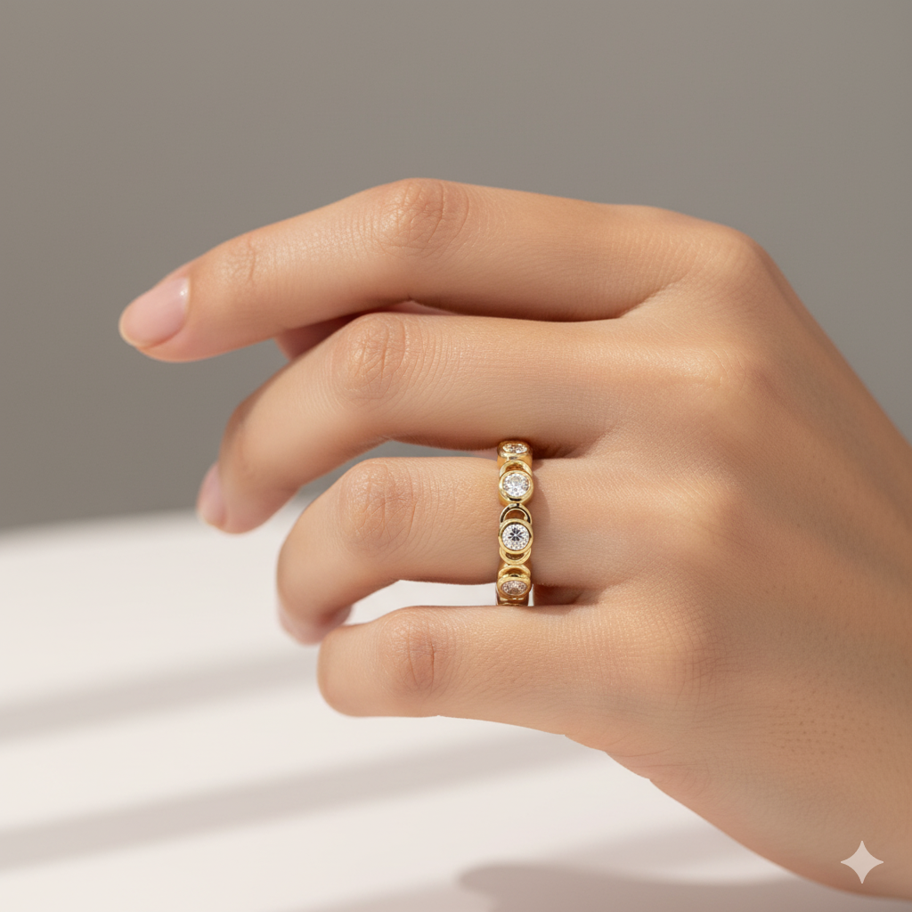 Moissanite Eternity Band • 14K 18K Solid Gold Bezel Set Wedding Ring