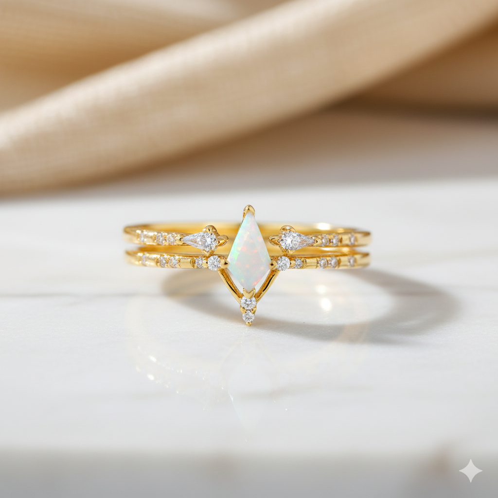 0.725ct Kite Cut Opal Engagement Ring Set