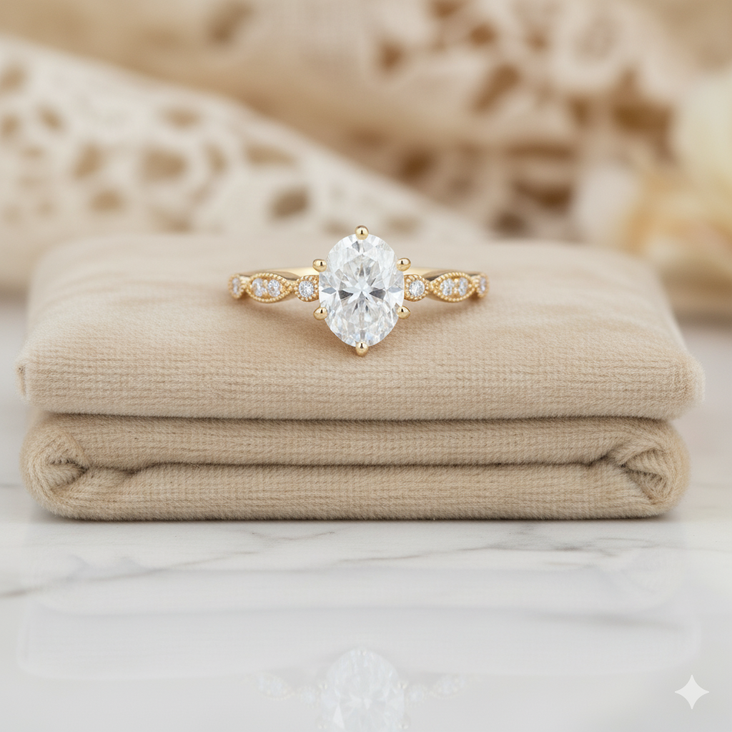 1.330ct Oval Moissanite Engagement Ring • Vintage Milgrain Bridal Ring