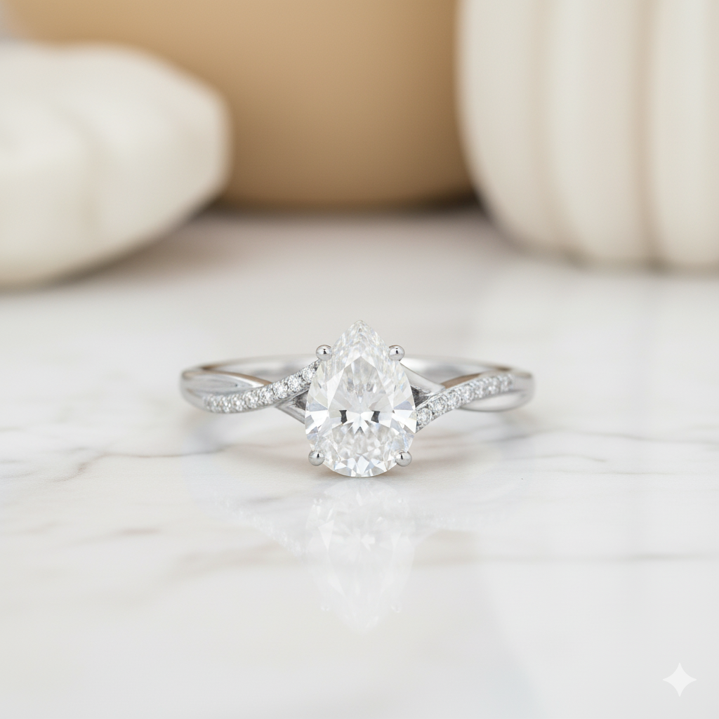 1.330ct Unique Pear-Shaped Moissanite Engagement Ring 14K Solid Yellow Gold