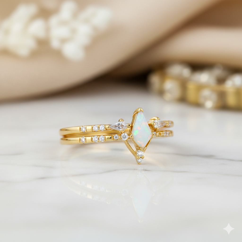 0.725ct Kite Cut Opal Engagement Ring Set