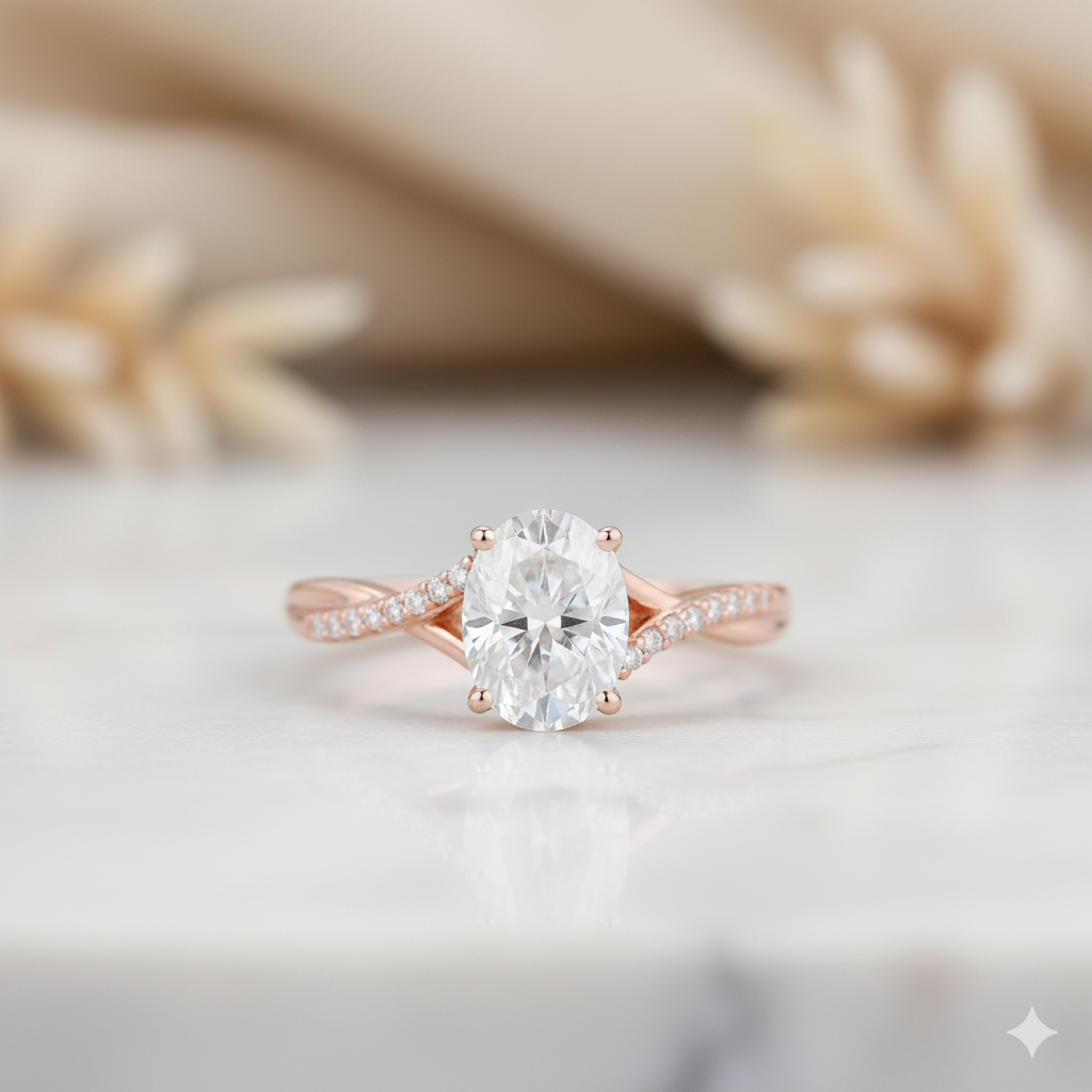 2.50CT Oval Cut Moissanite Engagement Ring • Dainty Twist Split Shank Ring