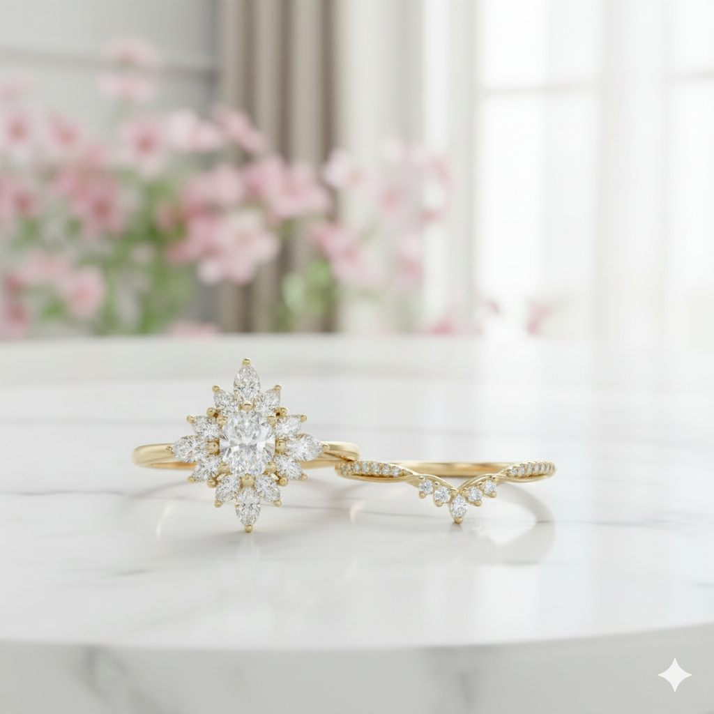 1.10 Ct Oval Cut Moissanite Bridal Ring Set • Vintage Marquise Cluster Engagement Ring