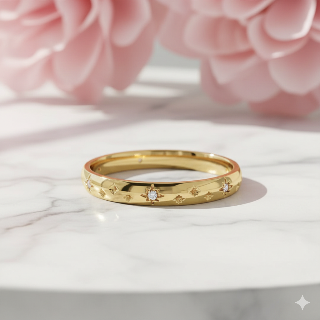 14K Solid Gold Starburst Moissanite Ring • Celestial Wedding Band Women