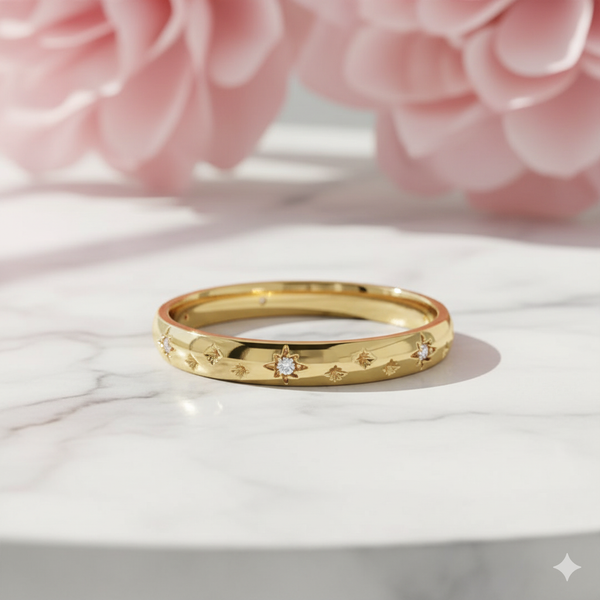 14K Solid Gold Starburst Moissanite Ring • Celestial Wedding Band Women