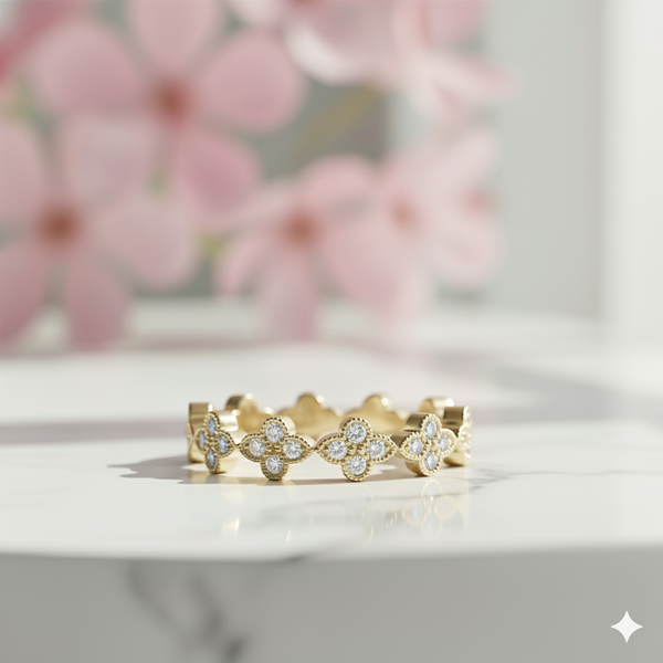 Floral Milgrain Moissanite Band |14K Solid Yellow Gold