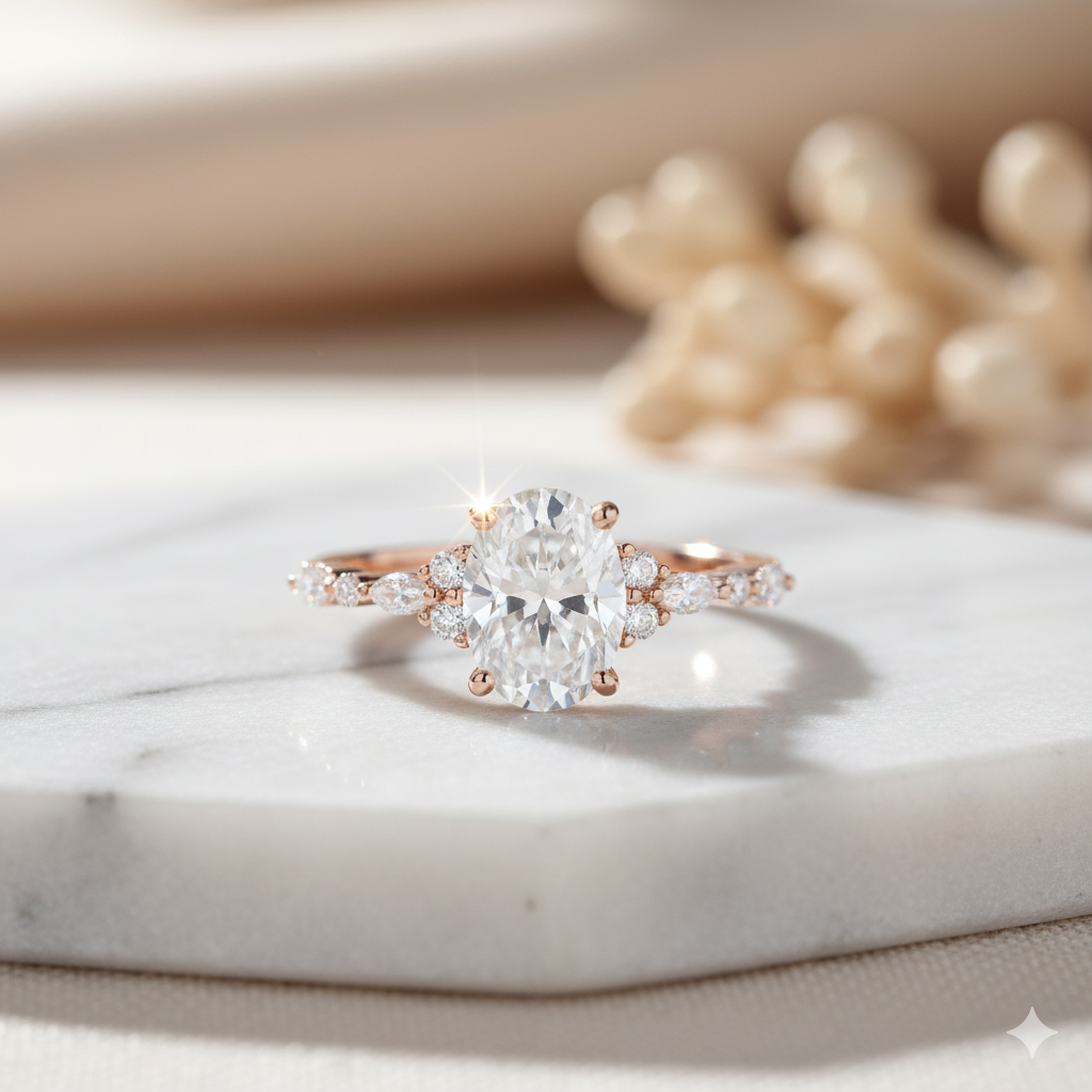 2.210CT Oval Moissanite Engagement Ring Vintage Marquise Diamond Accented Ring