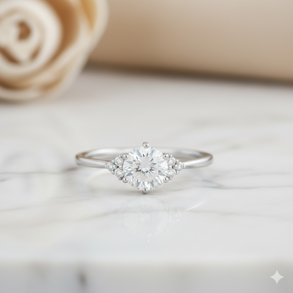 1.06ct Round Cut Moissanite  Cluster Engagement Ring 14K Solid Yellow Gold