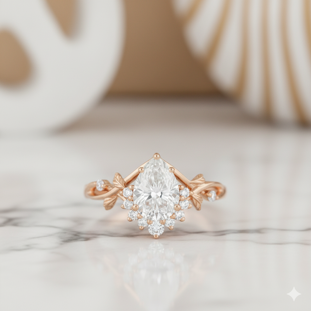 1.390ct Pear Moissanite Leaf Engagement Ring 14K Rose Gold Nature-Inspired Moissanite Ring