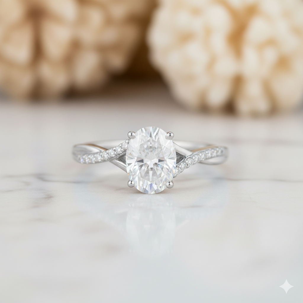 2.50CT Oval Cut Moissanite Engagement Ring • Dainty Twist Split Shank Ring