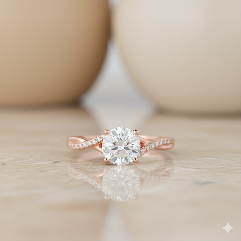 1.08ct Round Cut Moissanite Engagement Ring Twist Split Shank Ring