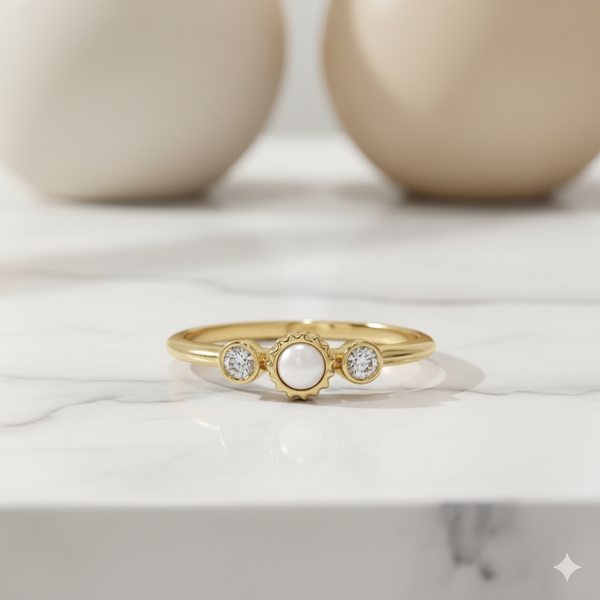 14K Solid Gold Pearl Moissanite Ring • Dainty Stacking Ring • Minimalist Pearl Band