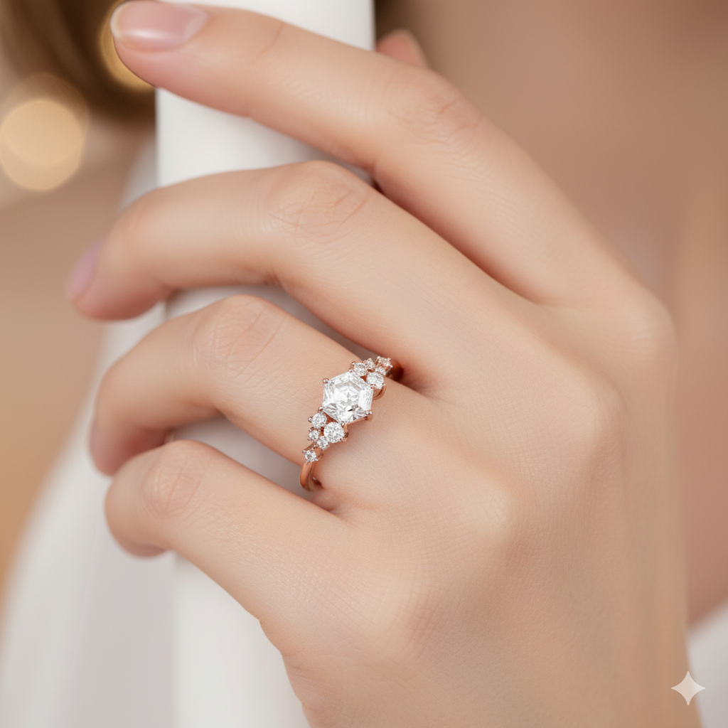 1.200CT Vintage Hexagon Cut Center Stone • Diamond Cluster Bridal Ring
