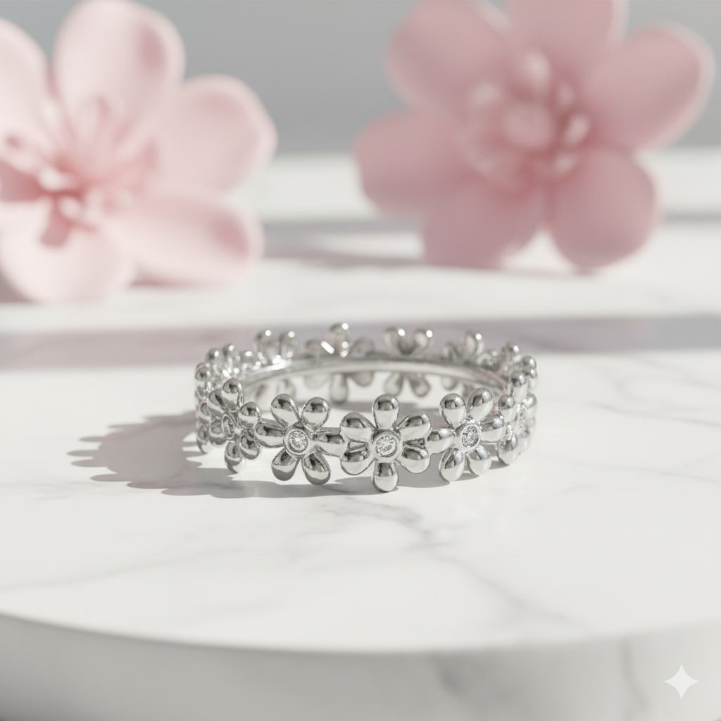 Dainty Daisy Eternity Ring , 14K Solid Gold Floral Moissanite Wedding Band