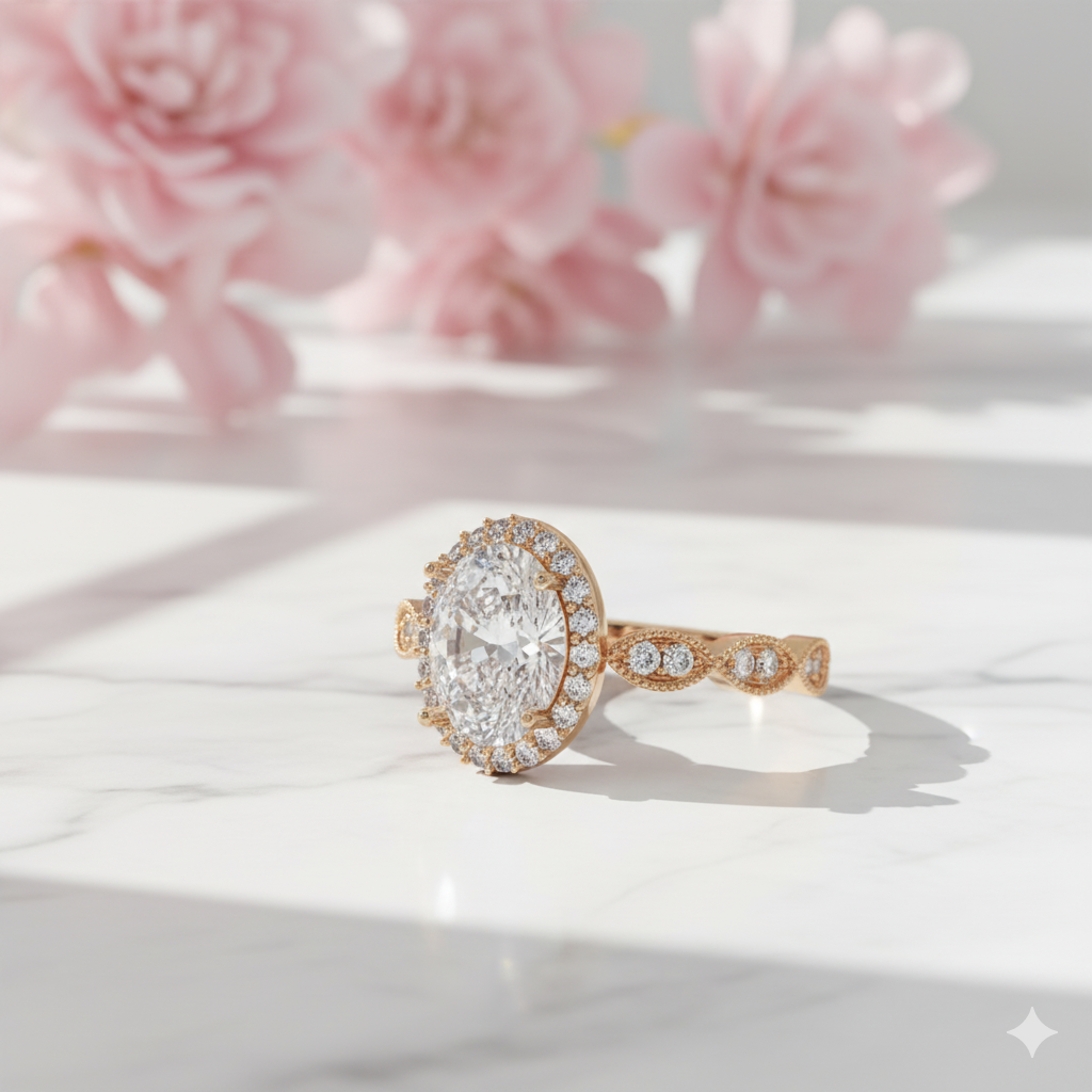 1.450ct Art Deco Oval Cut Halo Moissanite Engagement Ring 14K Solid Gold