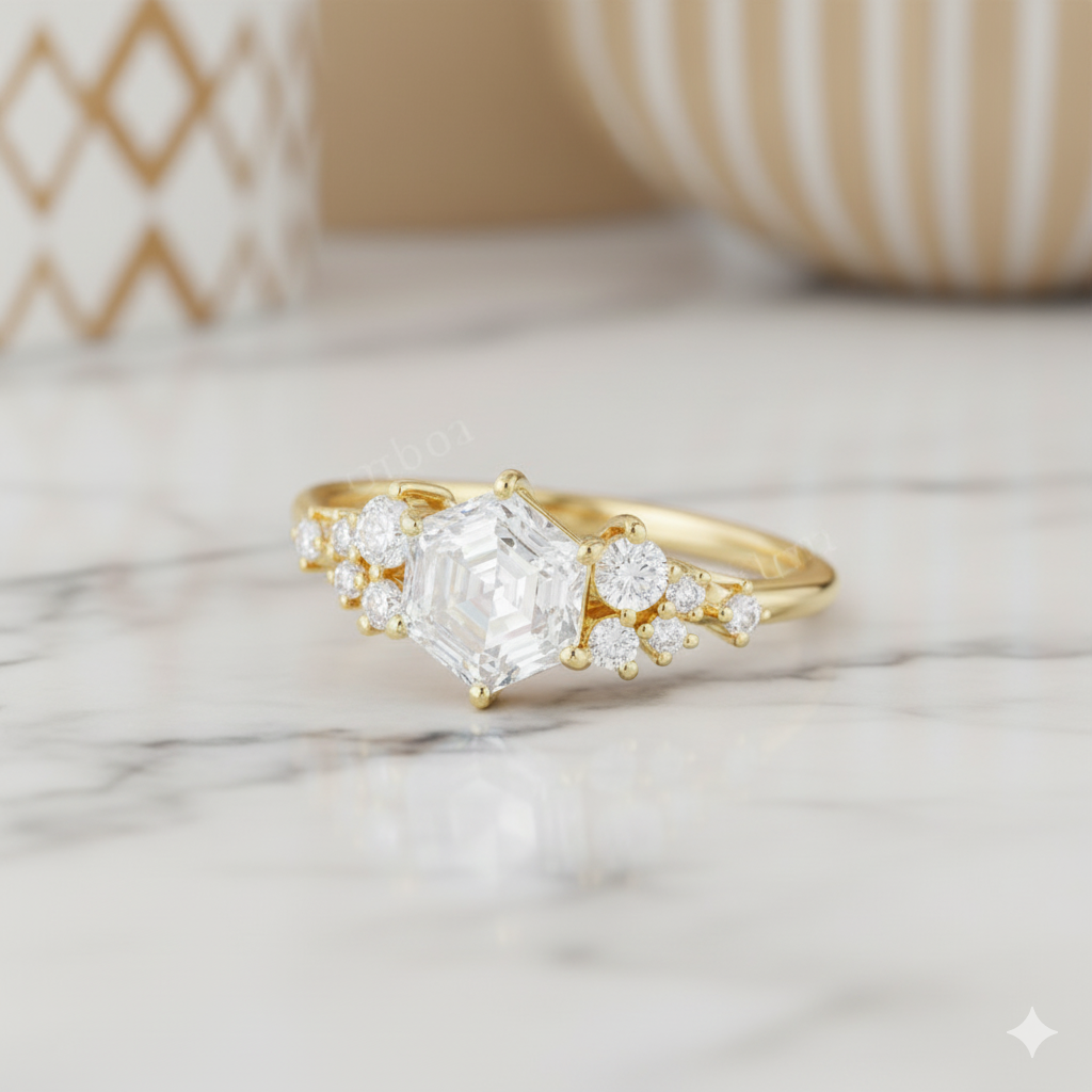 1.200CT Vintage Hexagon Cut Center Stone • Diamond Cluster Bridal Ring