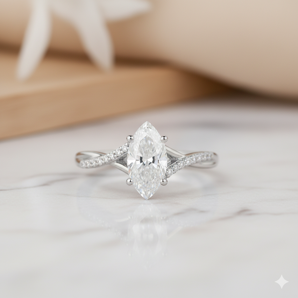 1.08ct Marquise Moissanite Engagement Ring • Rose Gold Split Shank Diamond Ring