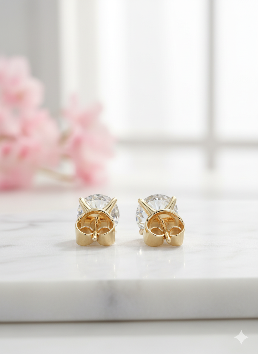 1/2 Carat Round Moissanite Stud Earrings • 14K Yellow Gold Dainty Solitaire Earrings