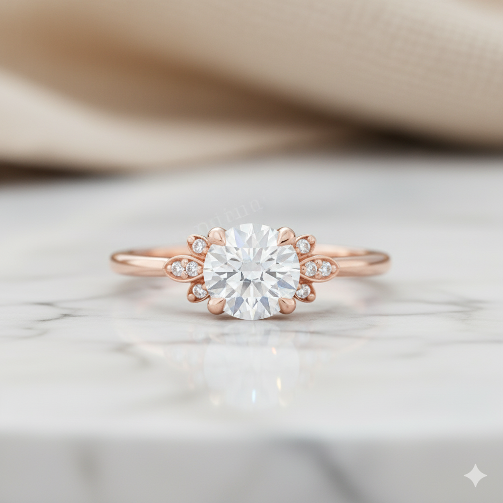 1.04ct Vintage Moissanite Engagement Ring • 14K Rose Gold Leaf Diamond Cluster
