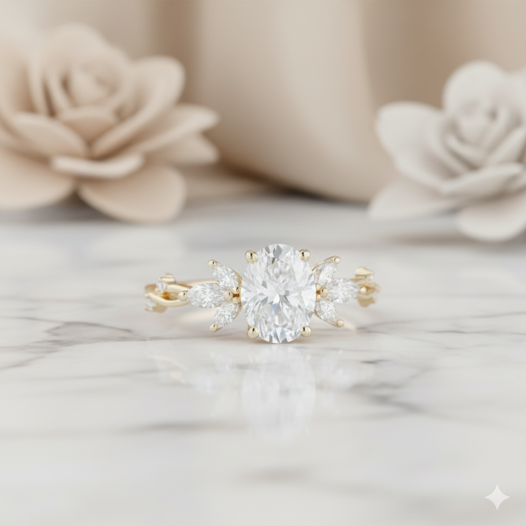1.500CT Unique Oval Cut Moissanite Engagement Ring 14k Yellow Gold