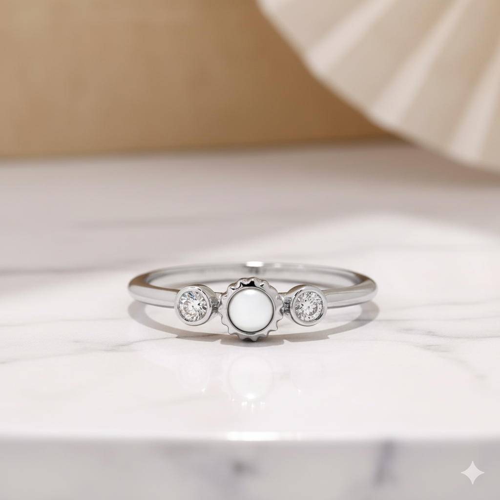 14K Solid Gold Pearl Moissanite Ring • Dainty Stacking Ring • Minimalist Pearl Band