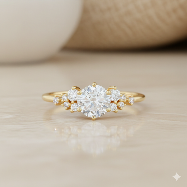 1.20 ct Round Moissanite Cluster Engagement Ring 14K Yellow Gold