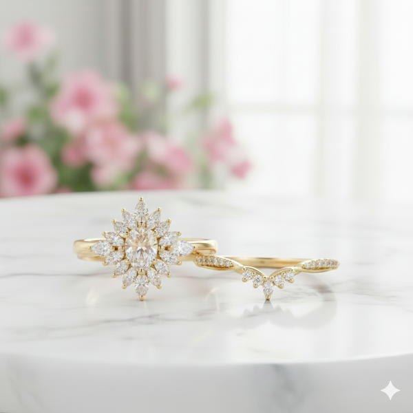 1.80 Ct Pear Cut Moissanite Bridal Ring Set • Sunburst Halo Engagement Ring