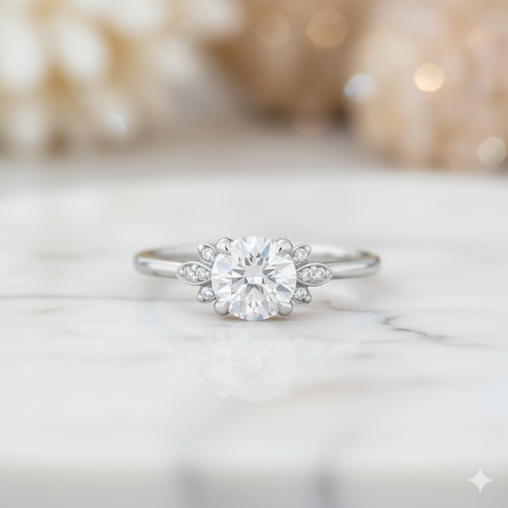 1.04ct Vintage Moissanite Engagement Ring • 14K Rose Gold Leaf Diamond Cluster