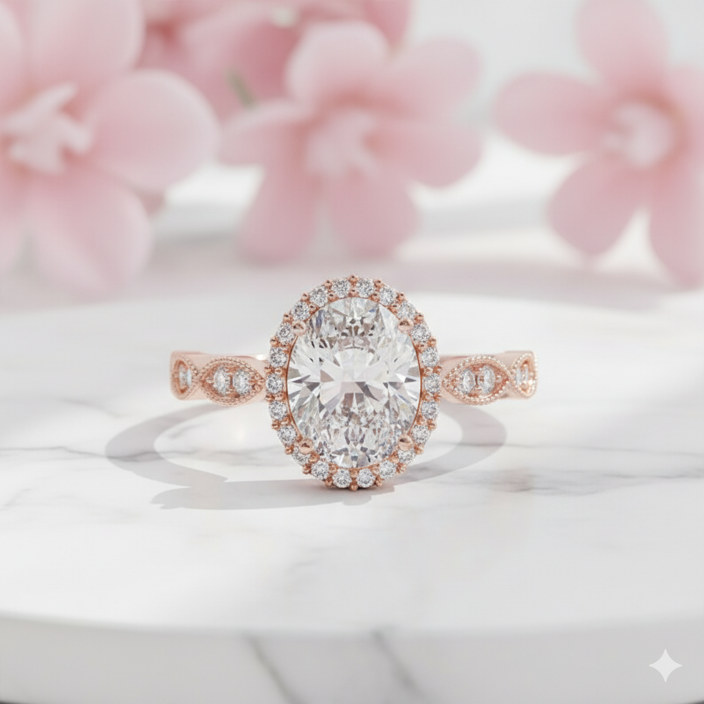 1.450ct Art Deco Oval Cut Halo Moissanite Engagement Ring 14K Solid Gold