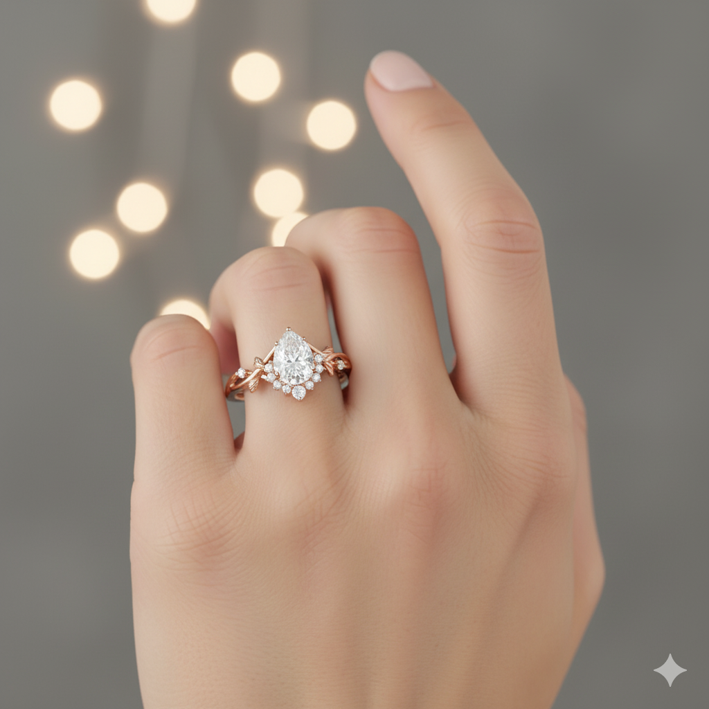 1.390ct Pear Moissanite Leaf Engagement Ring 14K Rose Gold Nature-Inspired Moissanite Ring