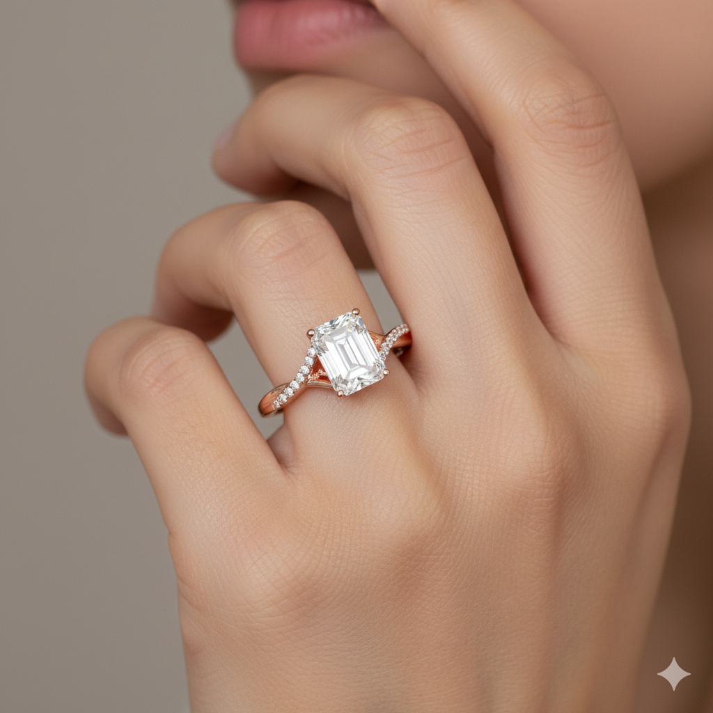 1.330ct Emerald Cut Moissanite Engagement Ring Twist Split Shank Ring