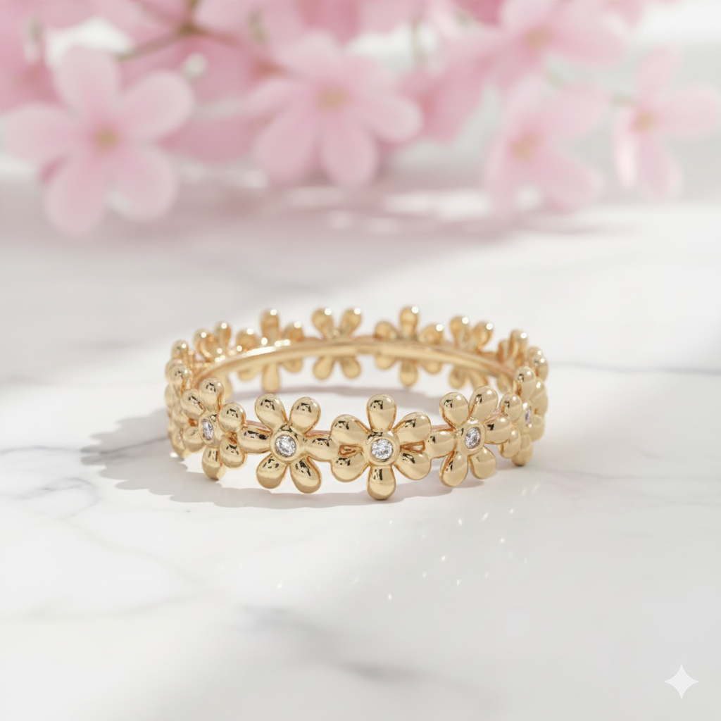 Dainty Daisy Eternity Ring , 14K Solid Gold Floral Moissanite Wedding Band