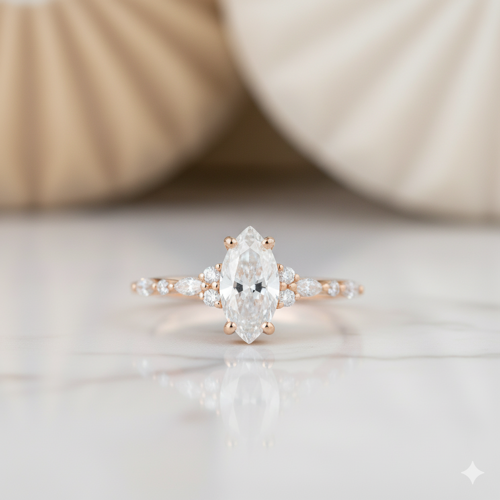 1.210ct Marquise Cut Moissanite Engagement Ring • Vintage Rose Gold Ring