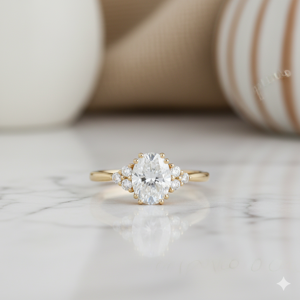 1.400ct Oval Moissanite Engagement Ring • Vintage Cluster Diamond Ring