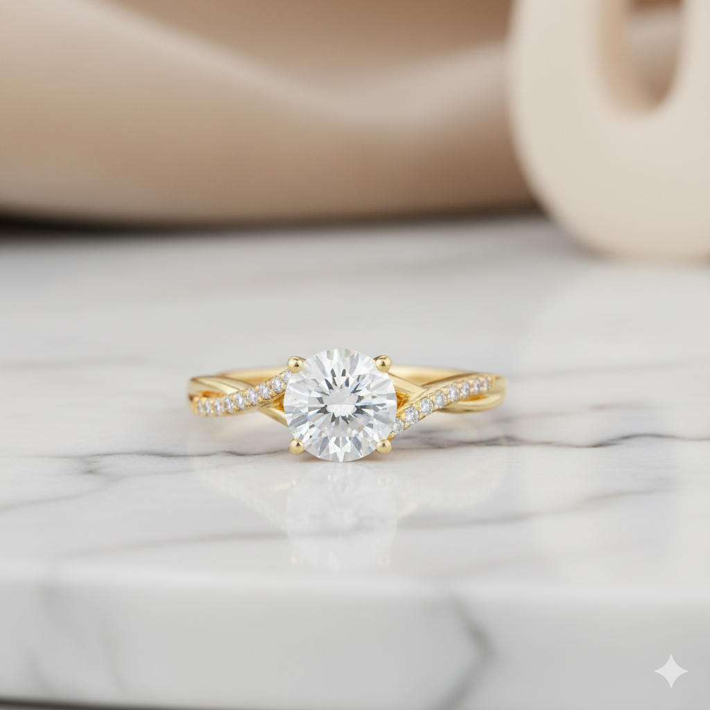 1.08ct Round Cut Moissanite Engagement Ring Twist Split Shank Ring