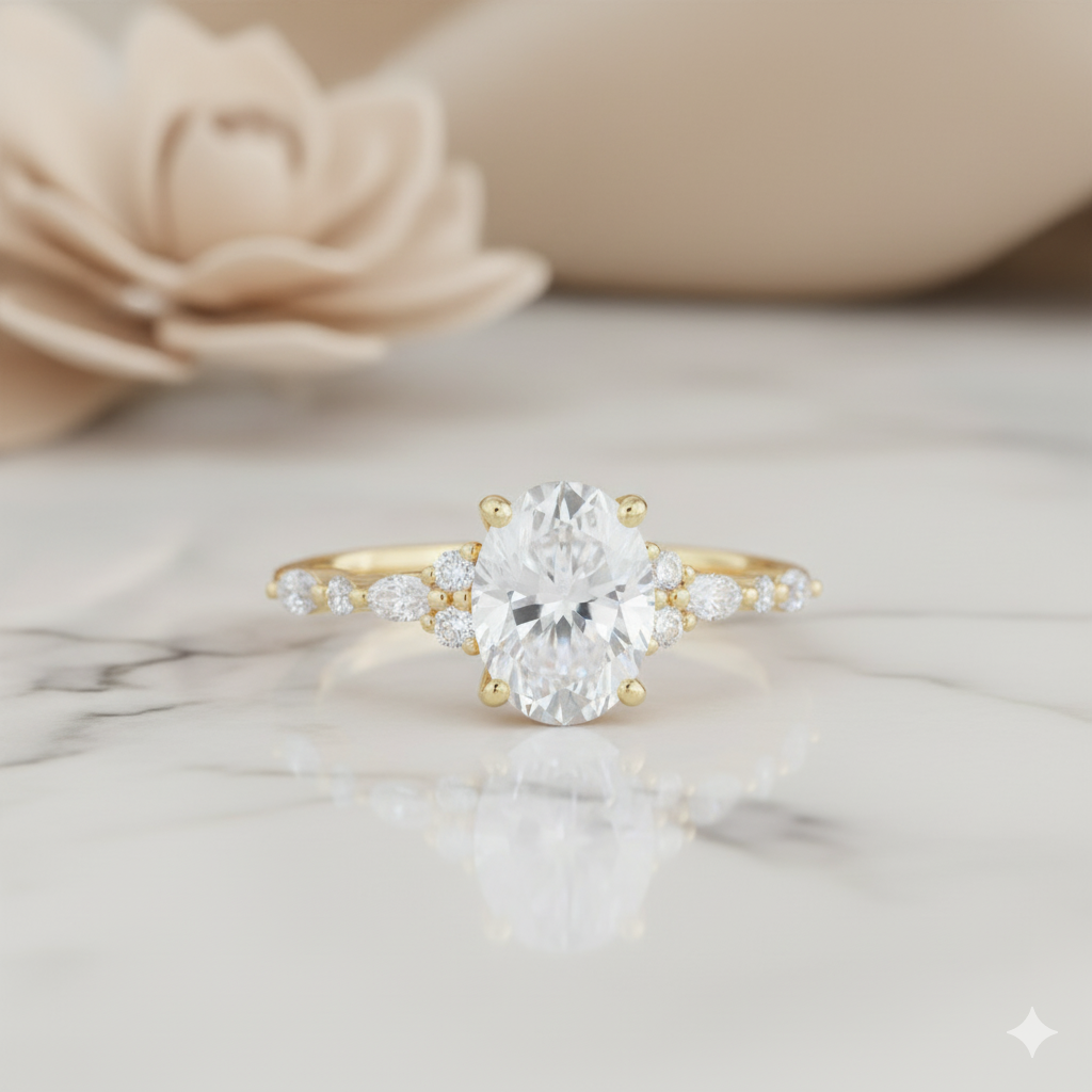 2.210CT Oval Moissanite Engagement Ring Vintage Marquise Diamond Accented Ring