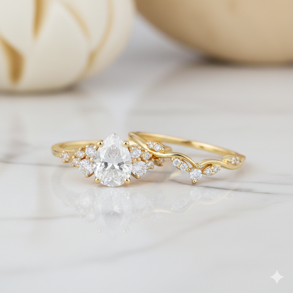 1.521 Ct Pear Moissanite Engagement Ring Set