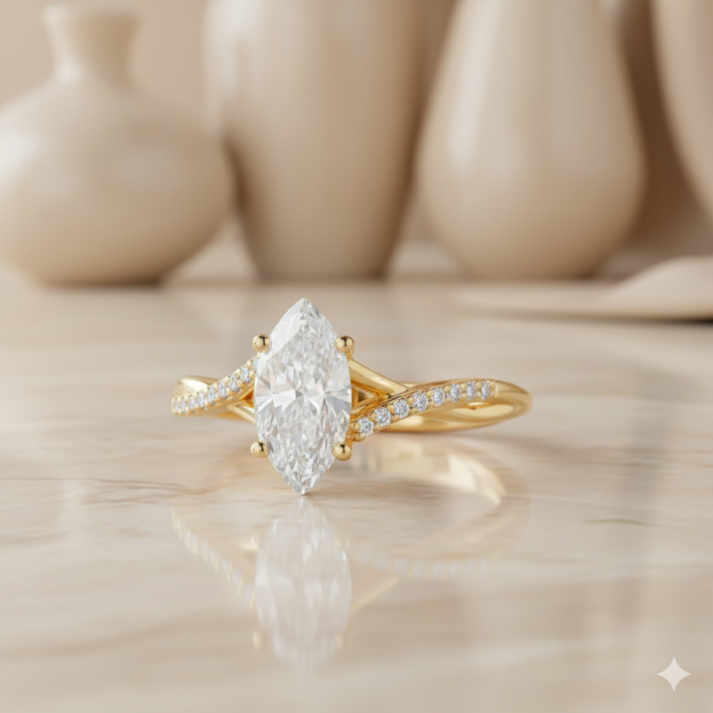 1.08ct Marquise Moissanite Engagement Ring • Rose Gold Split Shank Diamond Ring