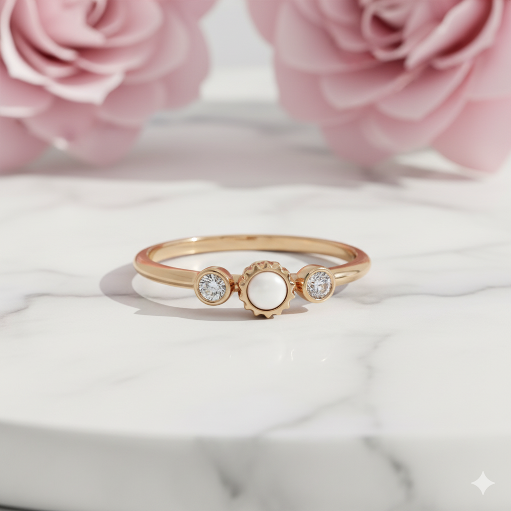 14K Solid Gold Pearl Moissanite Ring • Dainty Stacking Ring • Minimalist Pearl Band